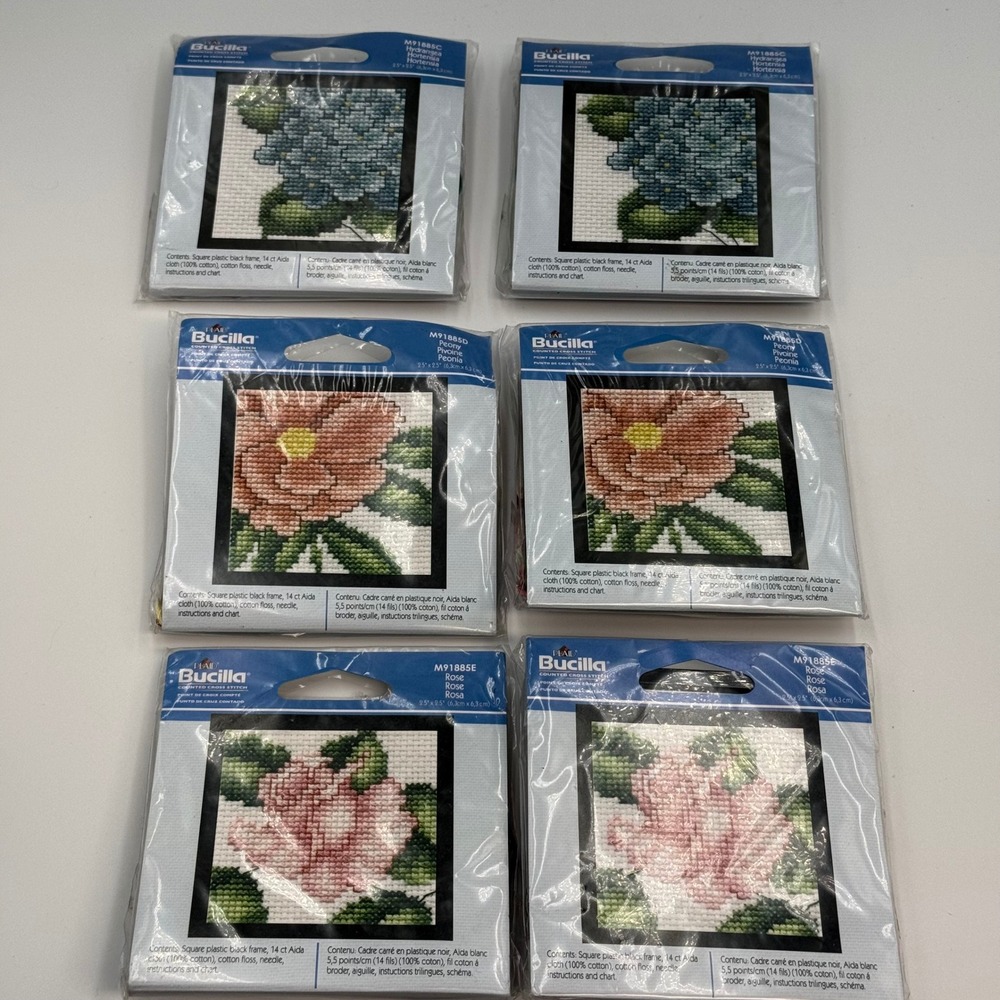 Lot of 6 Bucilla Counted Cross Stitch Kits Floral Hydrangea Peony Rose 2.5x2.5